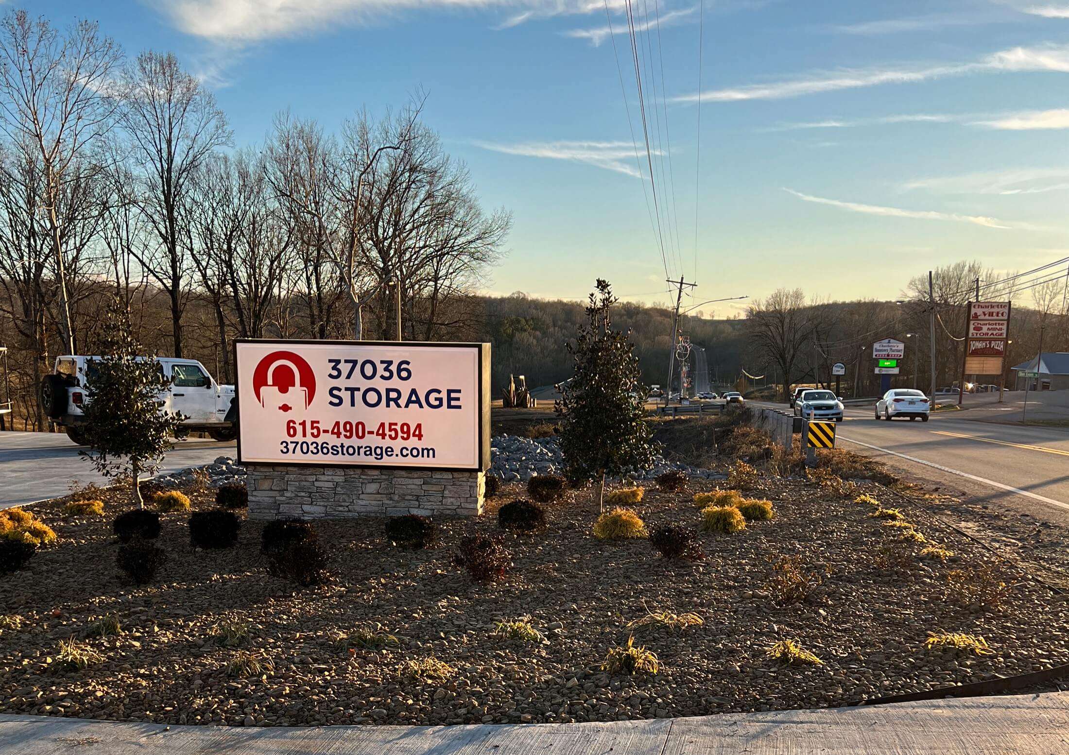 storage facility landscaping and signage