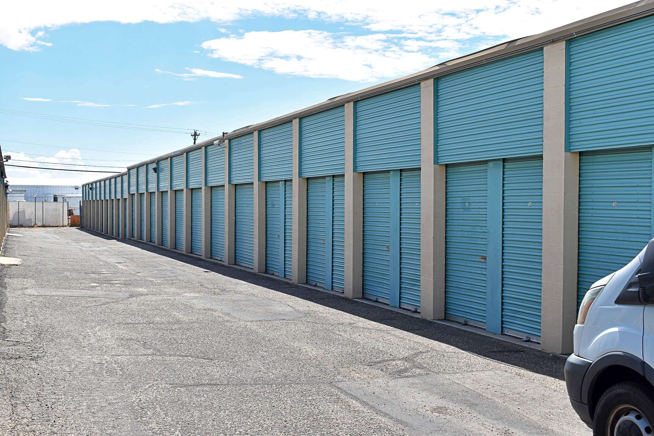 row of drive up self storage units