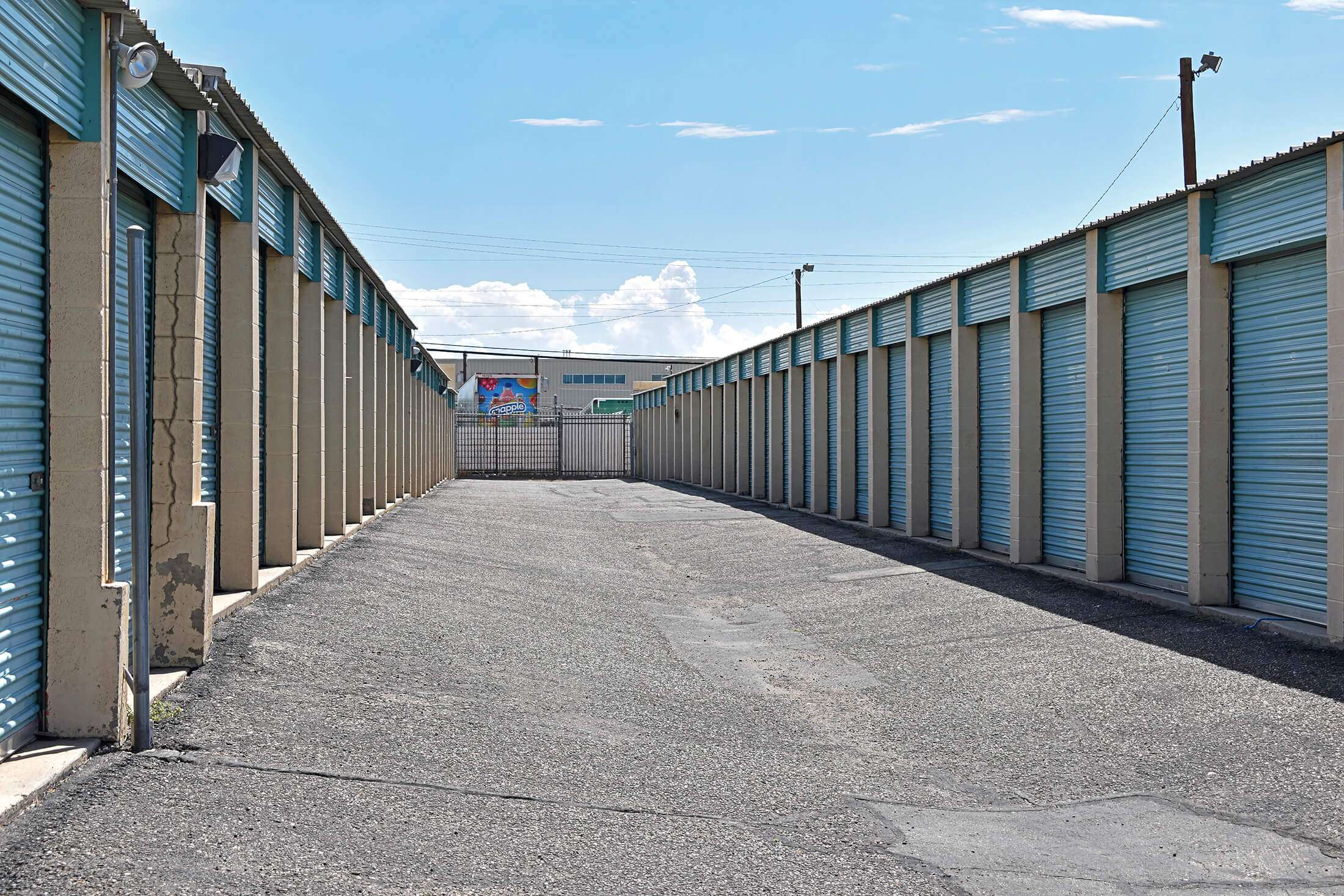 wide aisle between drive up self storage units
