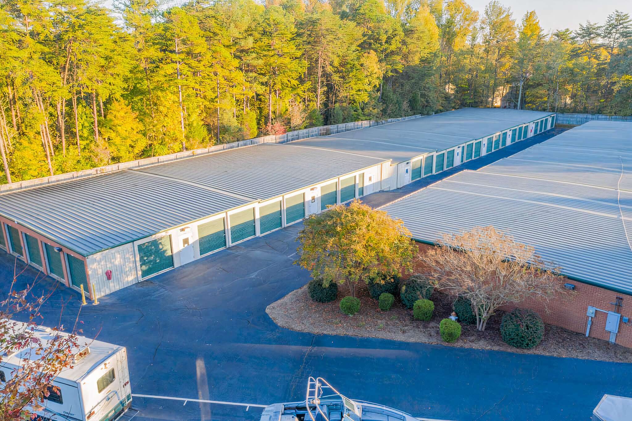 Aerial view of self storage buildings
