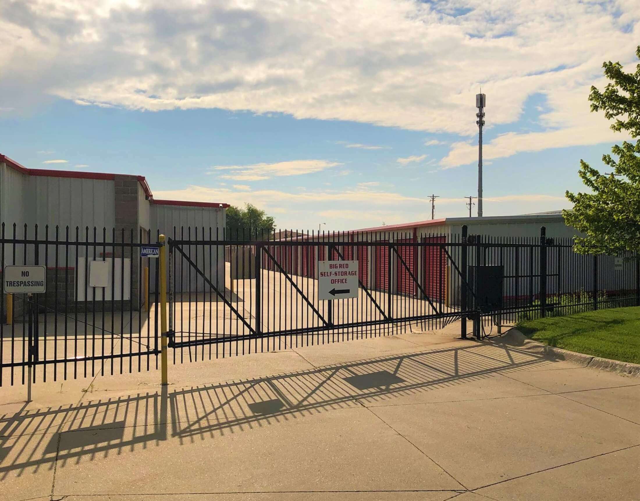 Drive up self storage facility with secure gate