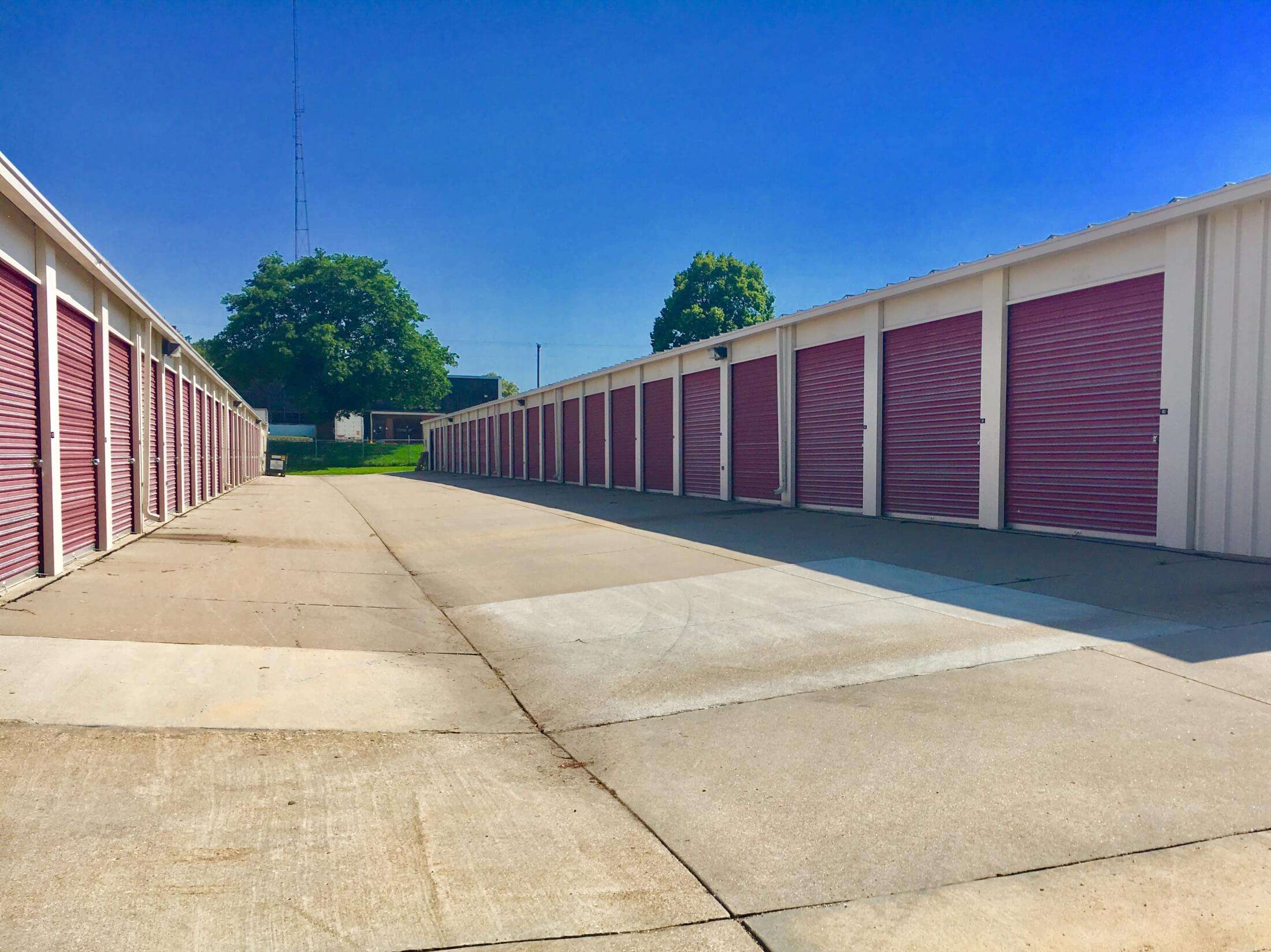 Row with multiple drive up self storage units