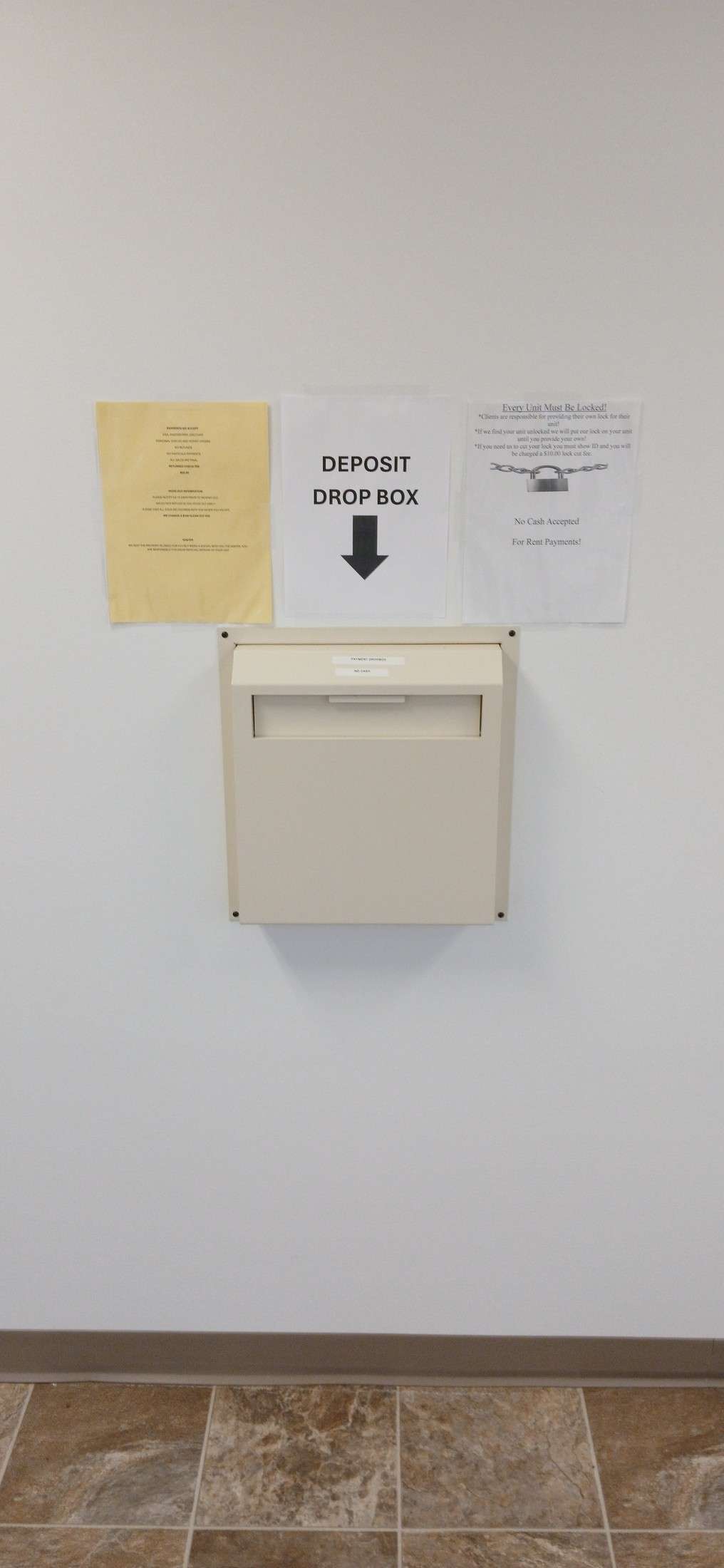 Deposit drop box at storage facility