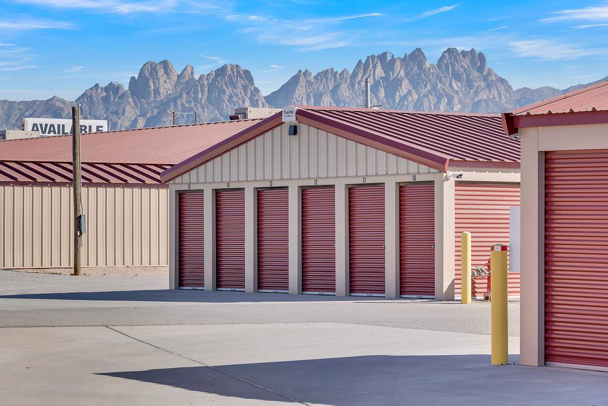 Storage units in front of mountains