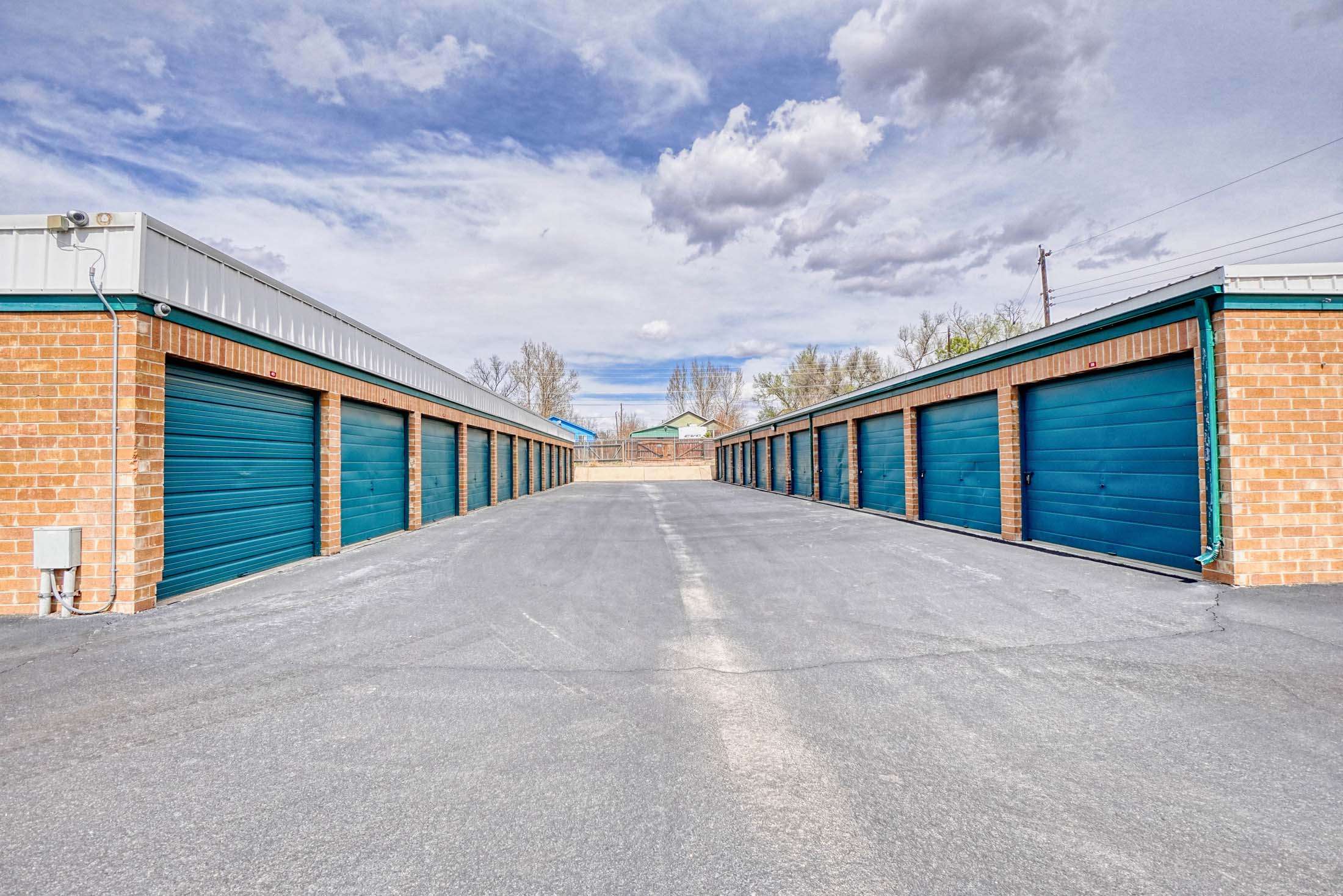 Paved aisle between storage units