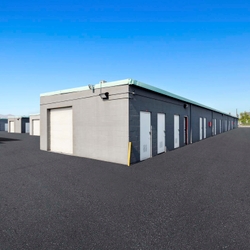 Rows of drive up self storage units