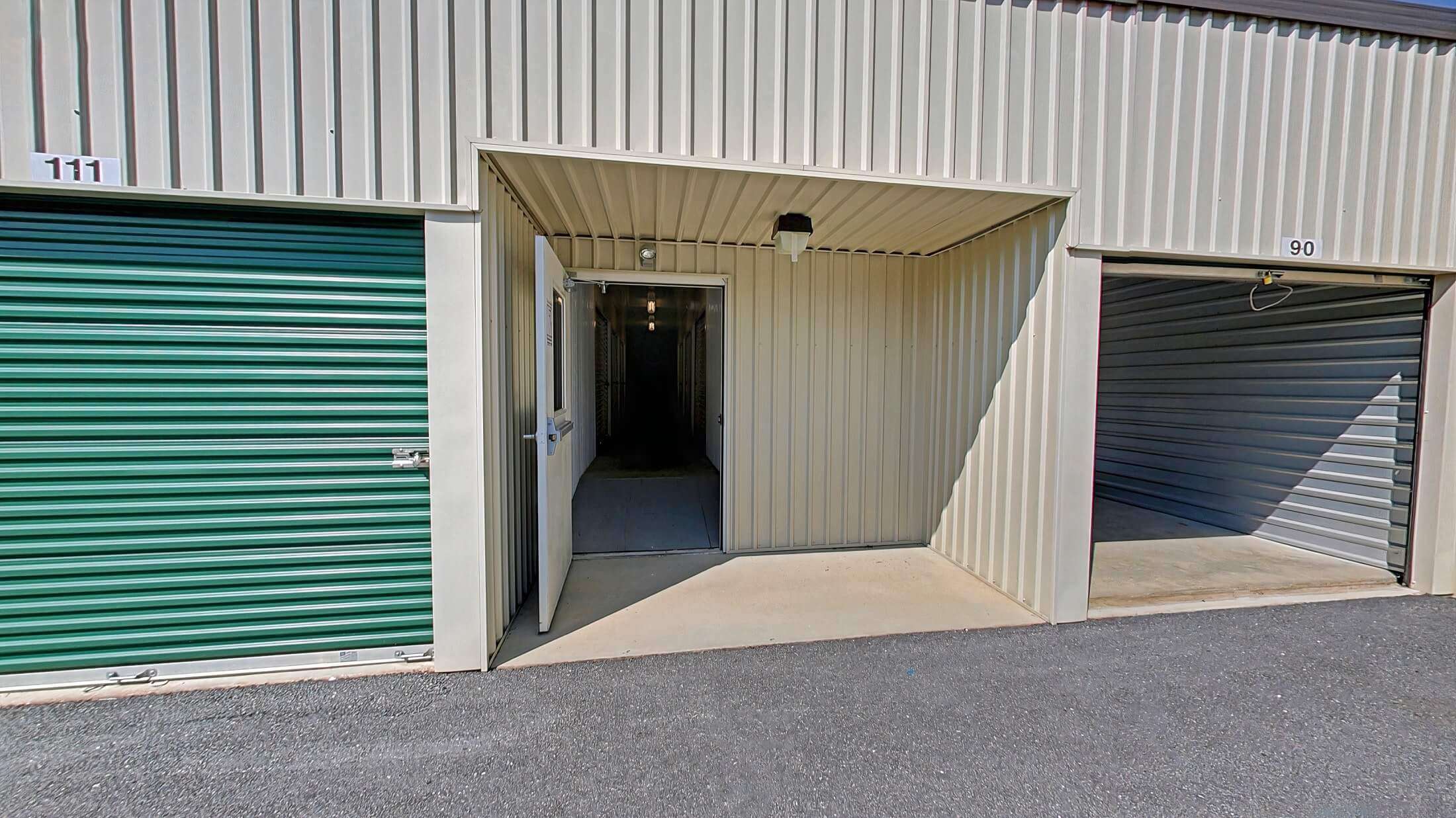 drive up self storage units next to entrance to climate controlled storage