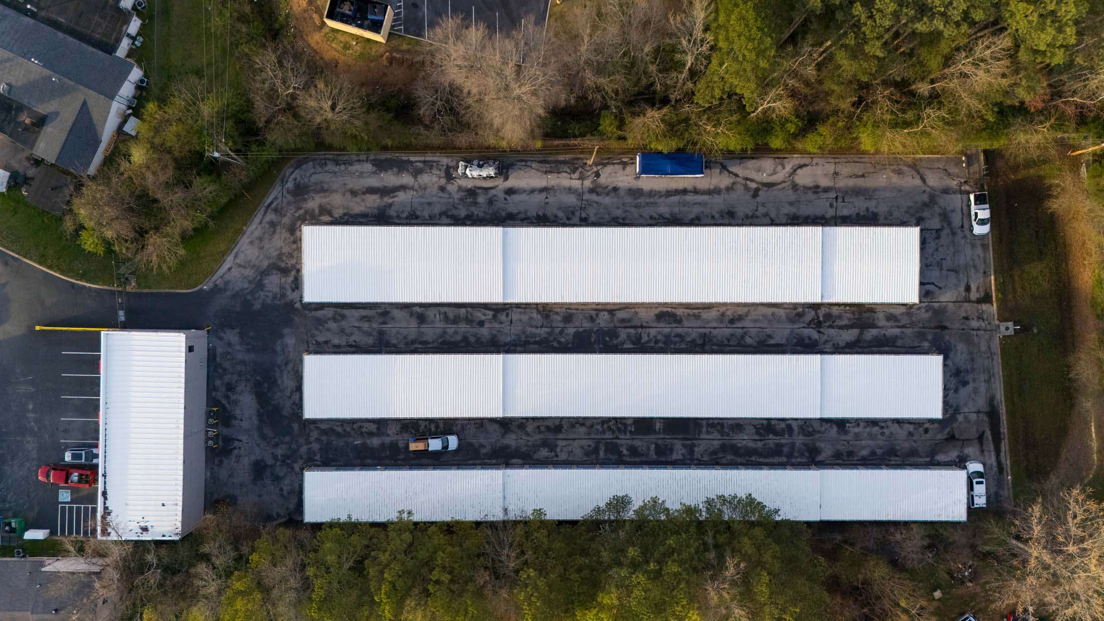 Aerial view of rows of storage units