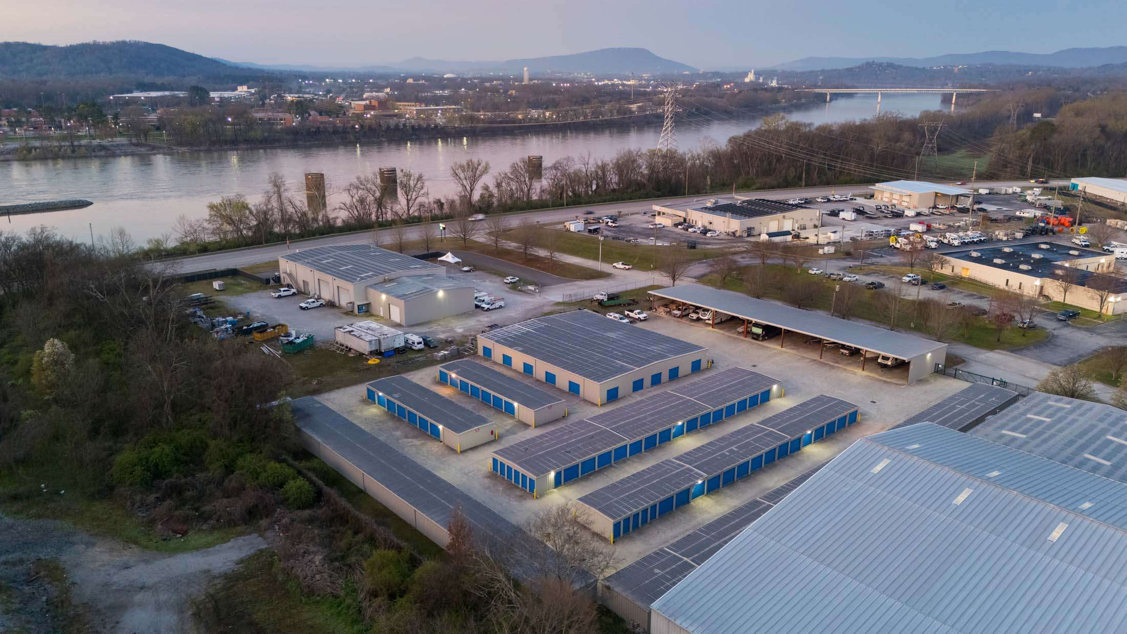 Aerial view of storage facility with river
