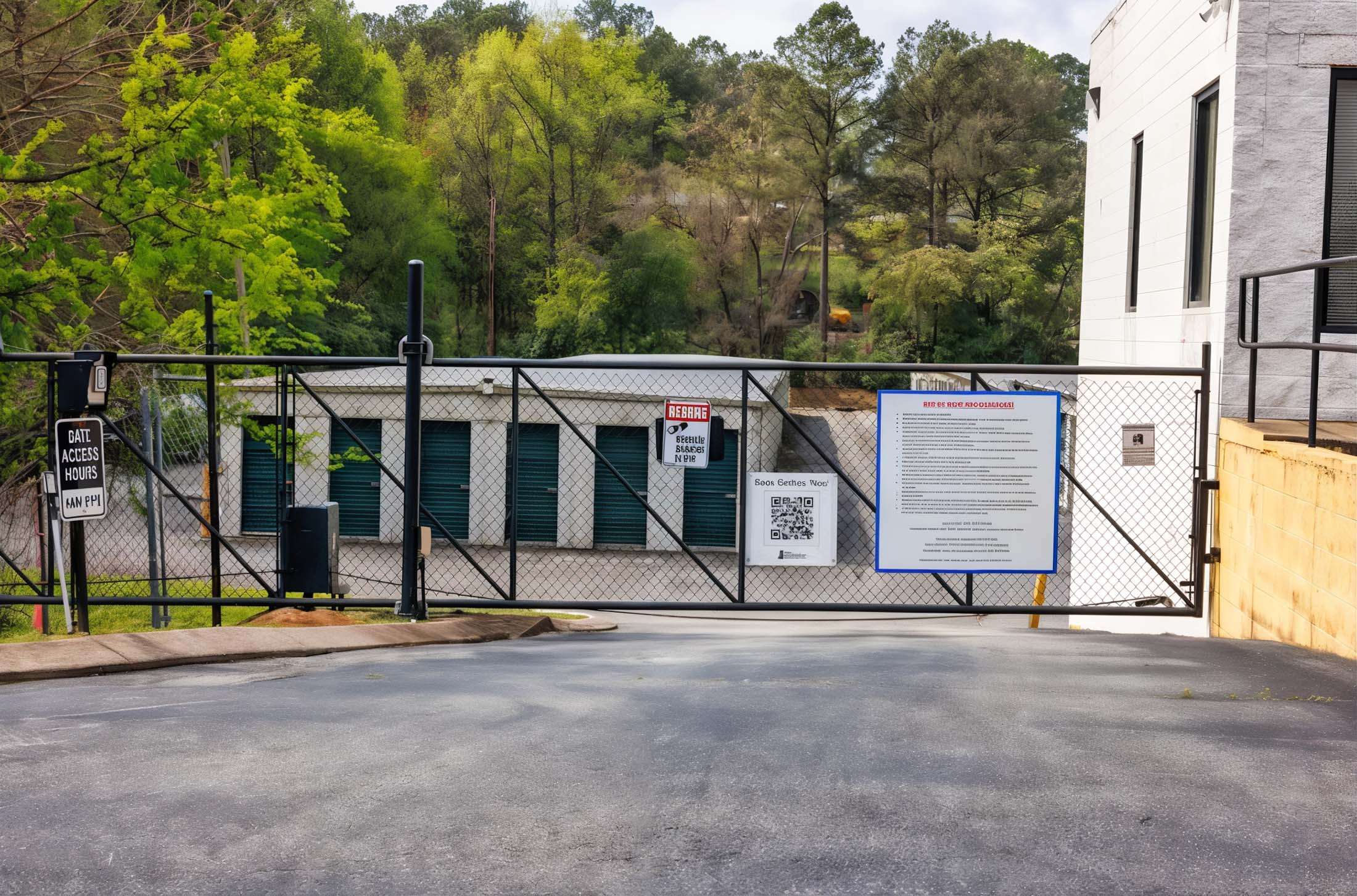 Closed security gate at storage facility
