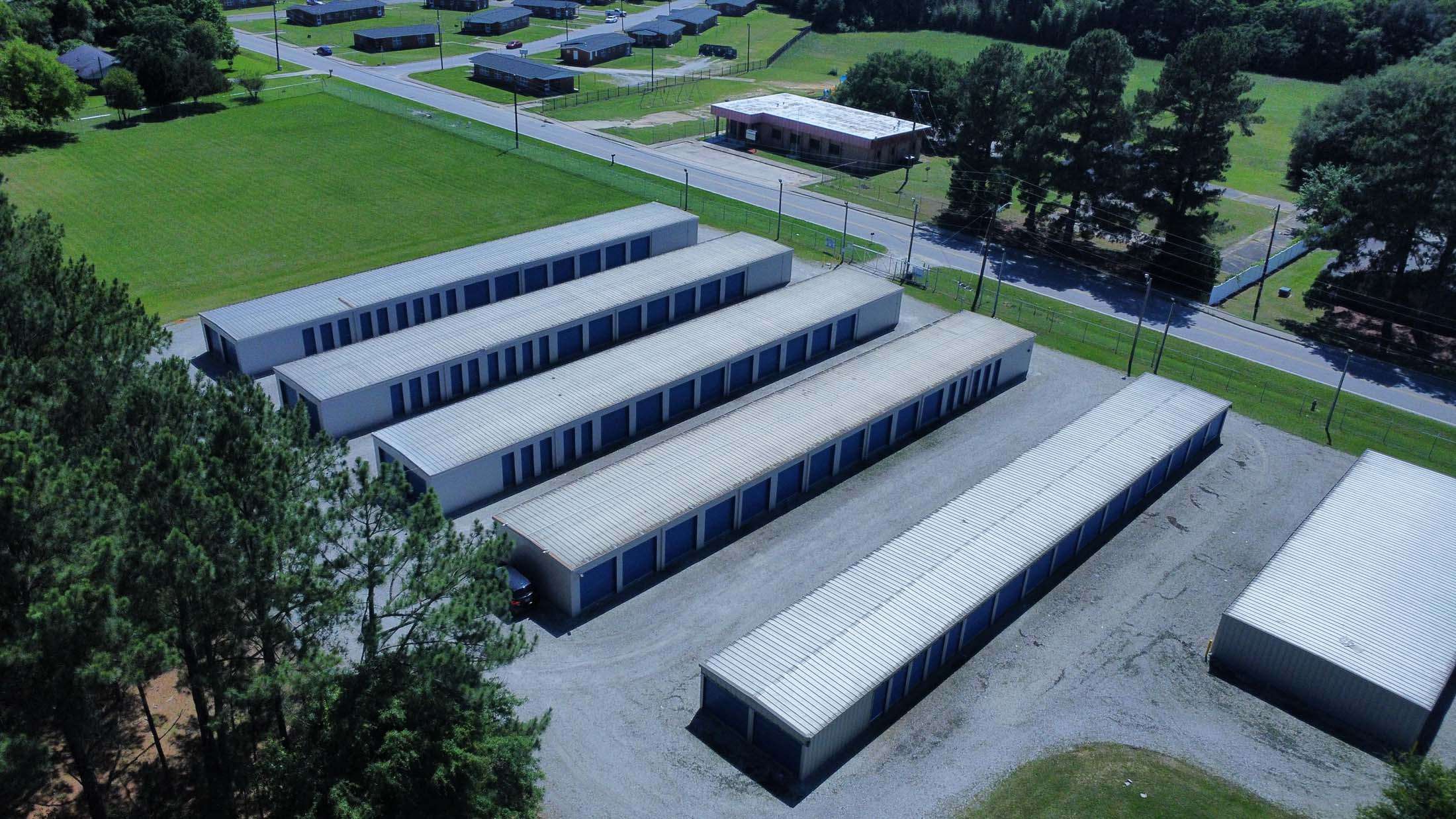 Rows of self storage units from above