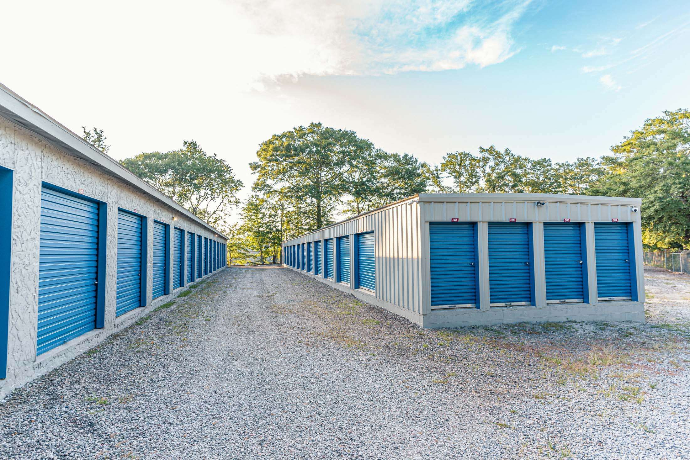 Self storage units with blue doors