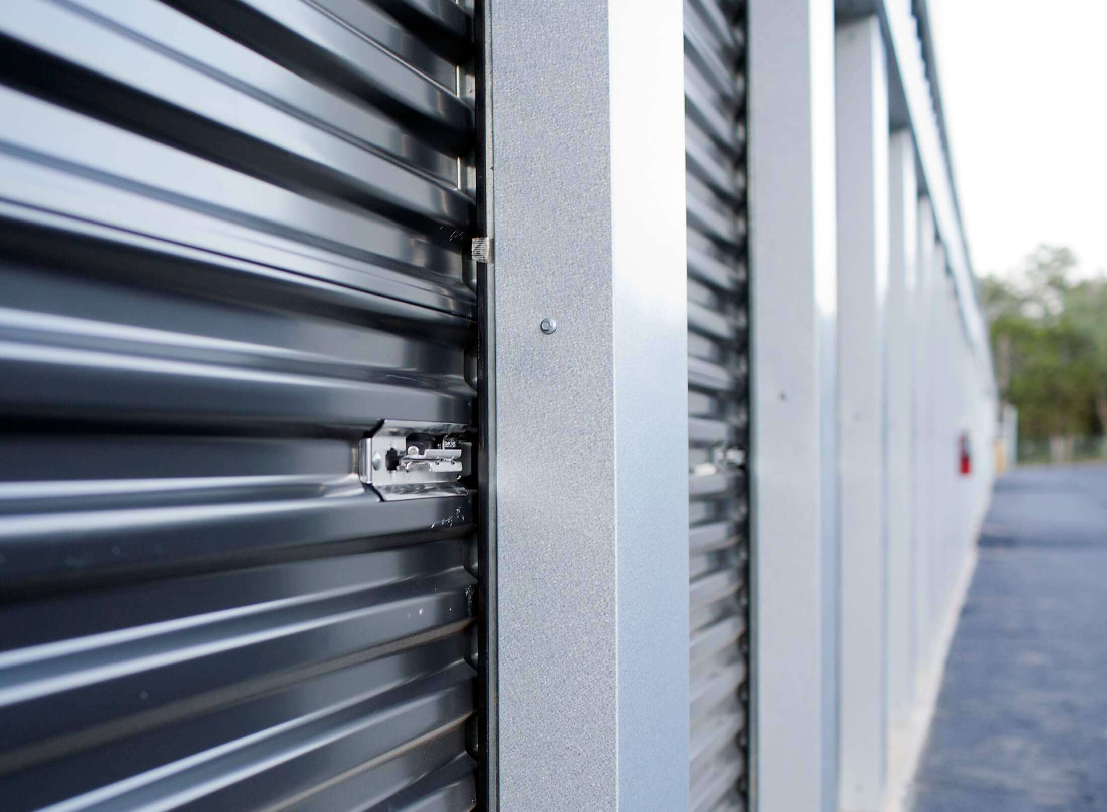 Close up view of drive up self storage unit door