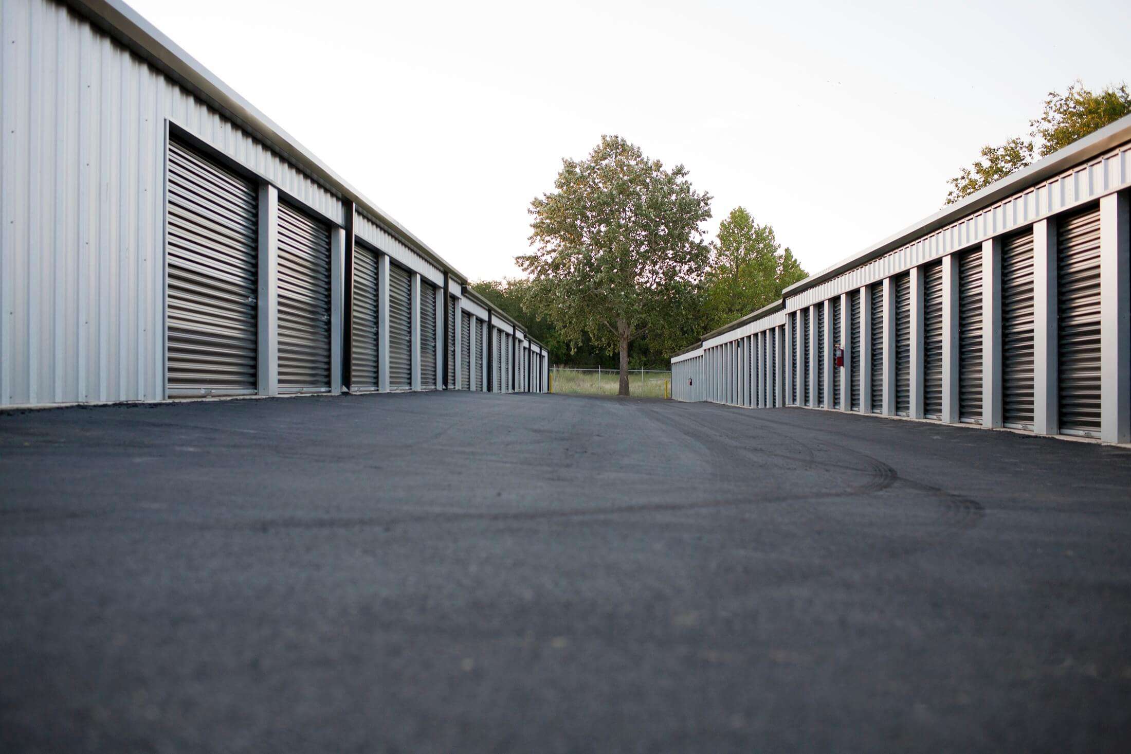 Ground level view of drive up self storage units