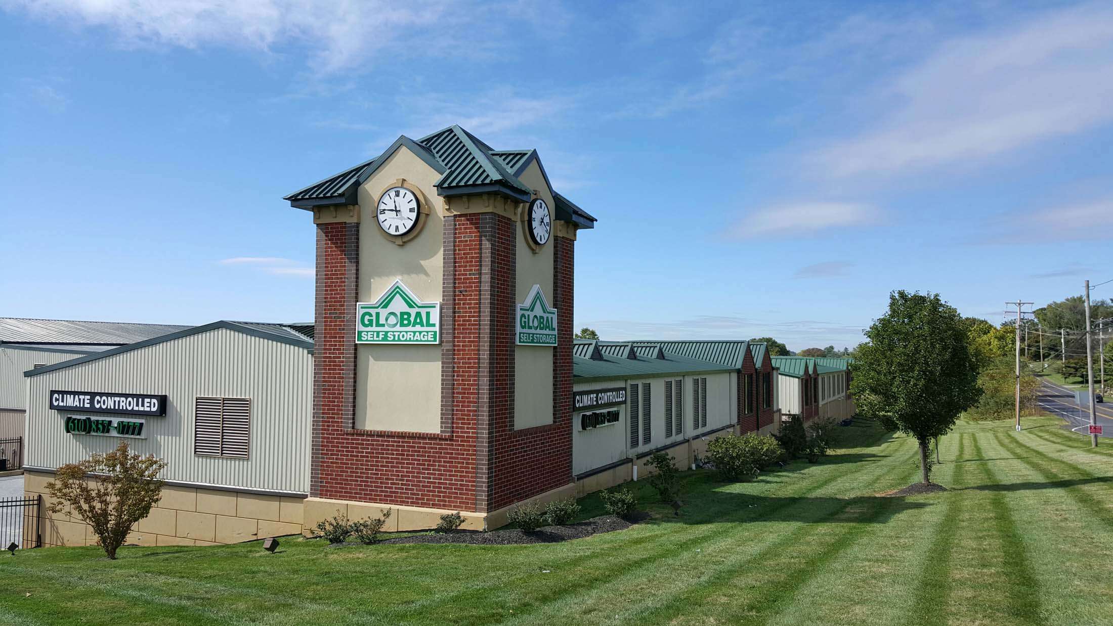Clock tower at self storage facility