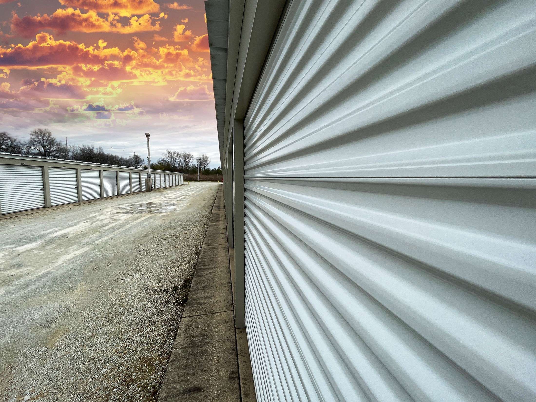 Self storage unit perspective image at sunset