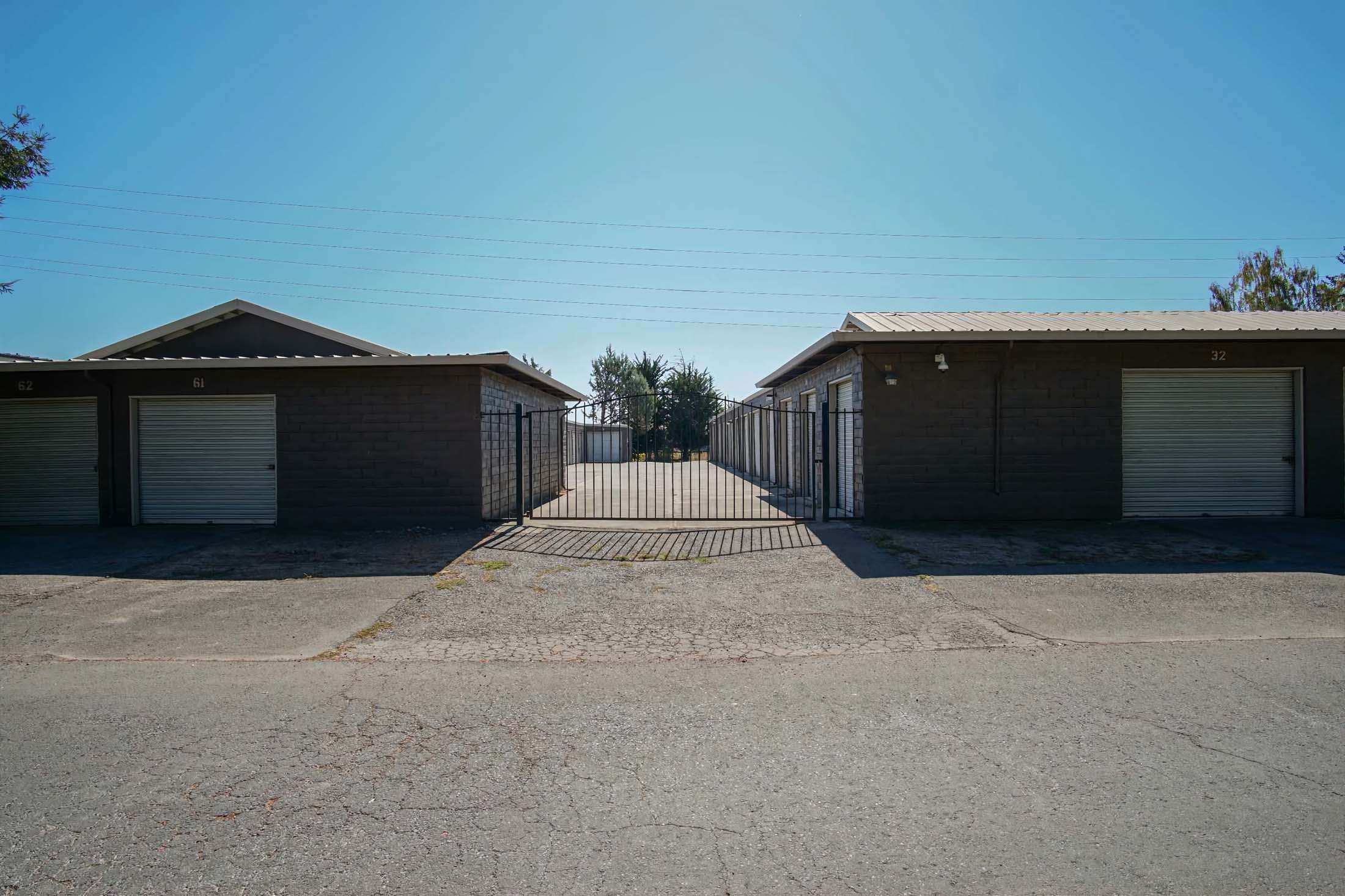 Closed security gate at storage facility