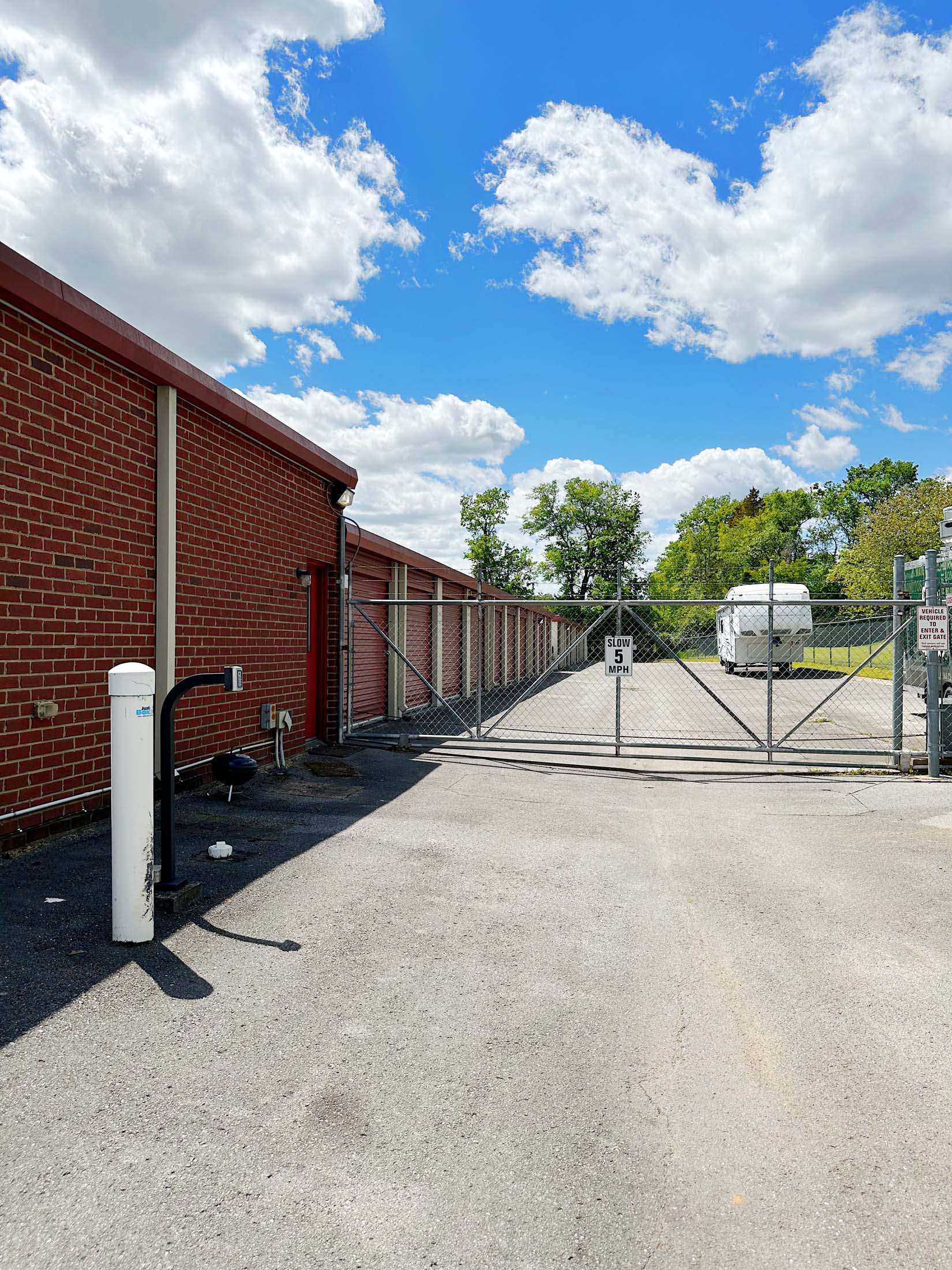 Closed security gate at self storage facility