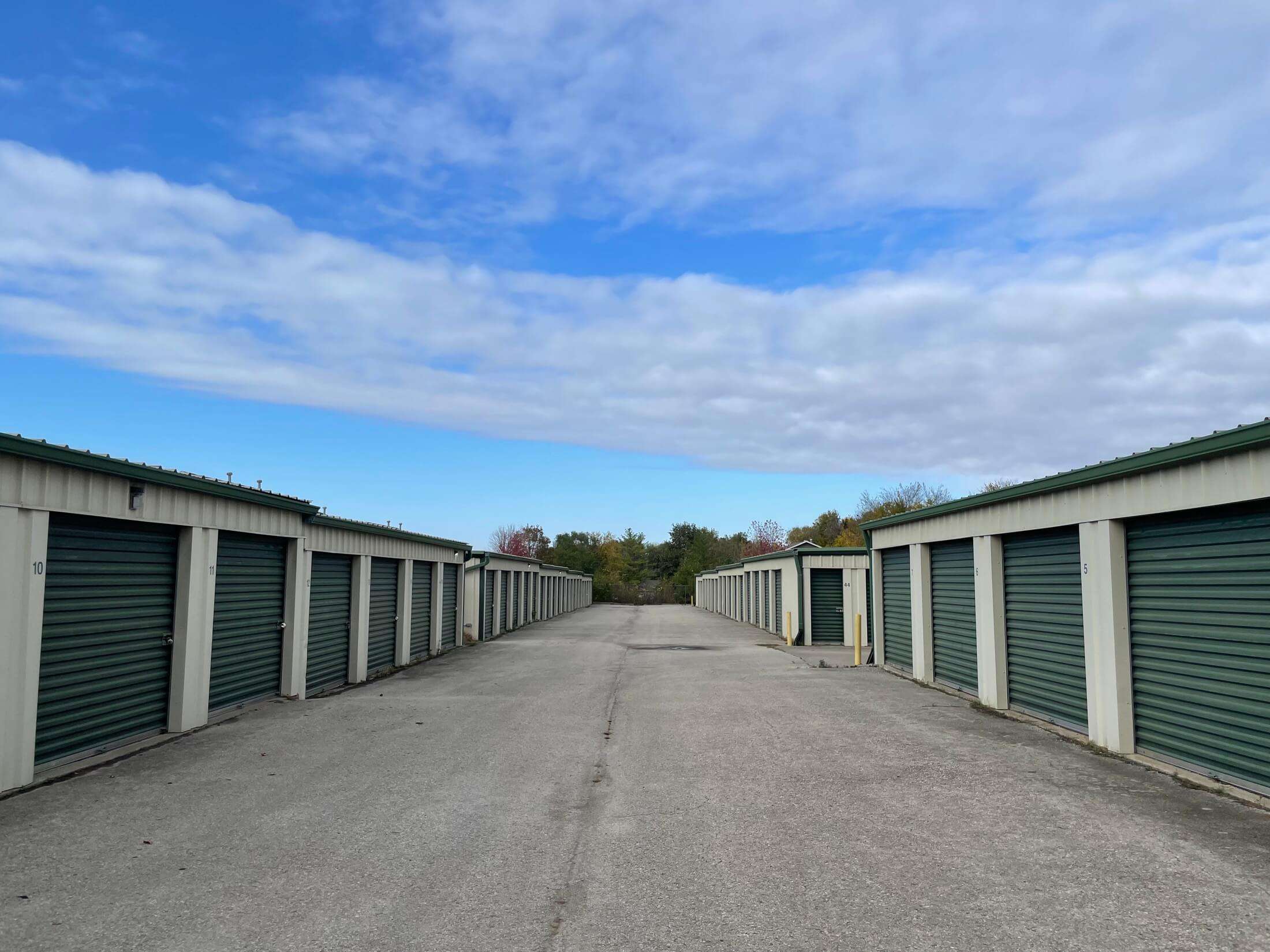 Rows of drive up self storage units