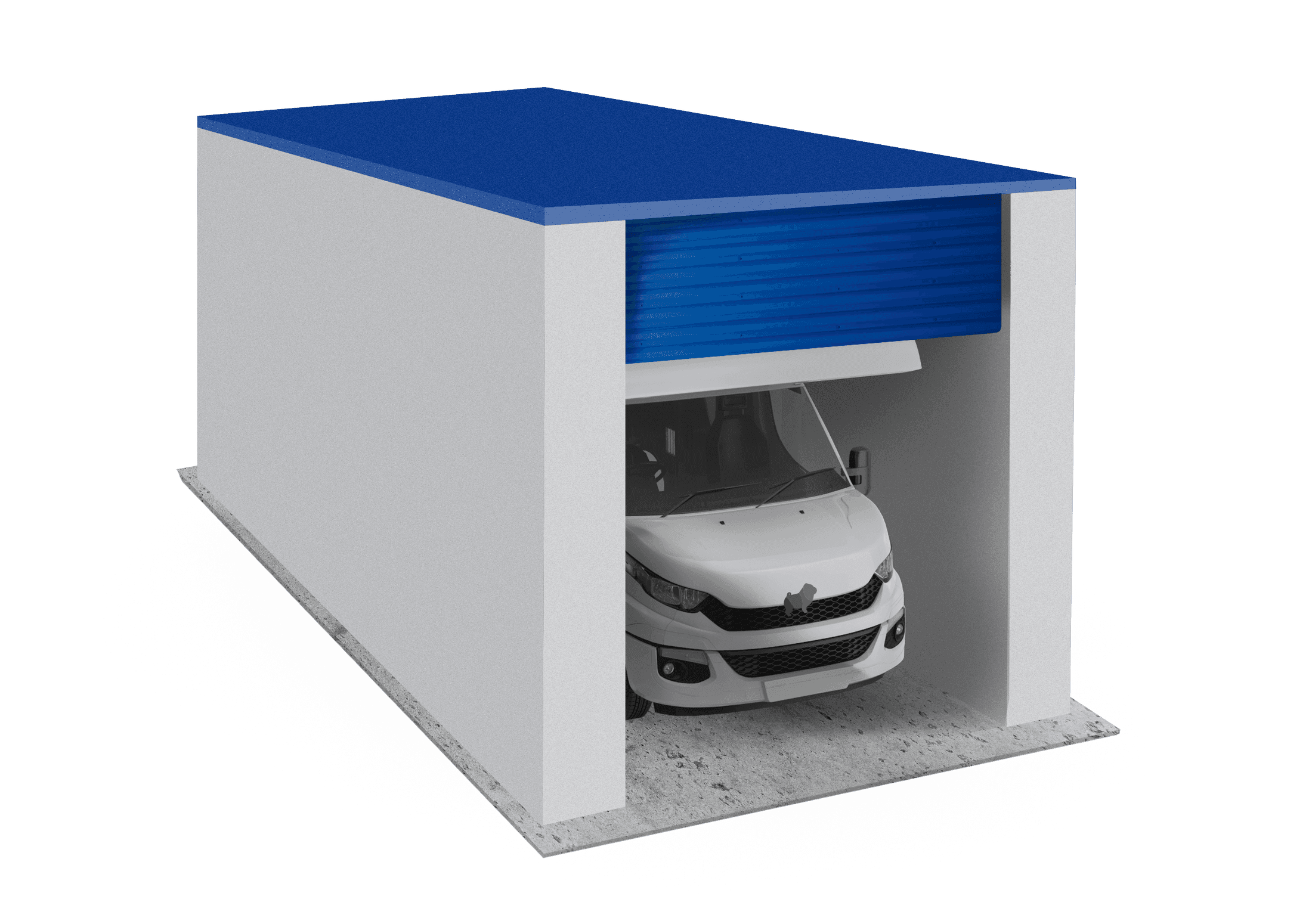 A small storage unit with a vehicle garage space, featuring a blue roll-up door and a white car parked inside.