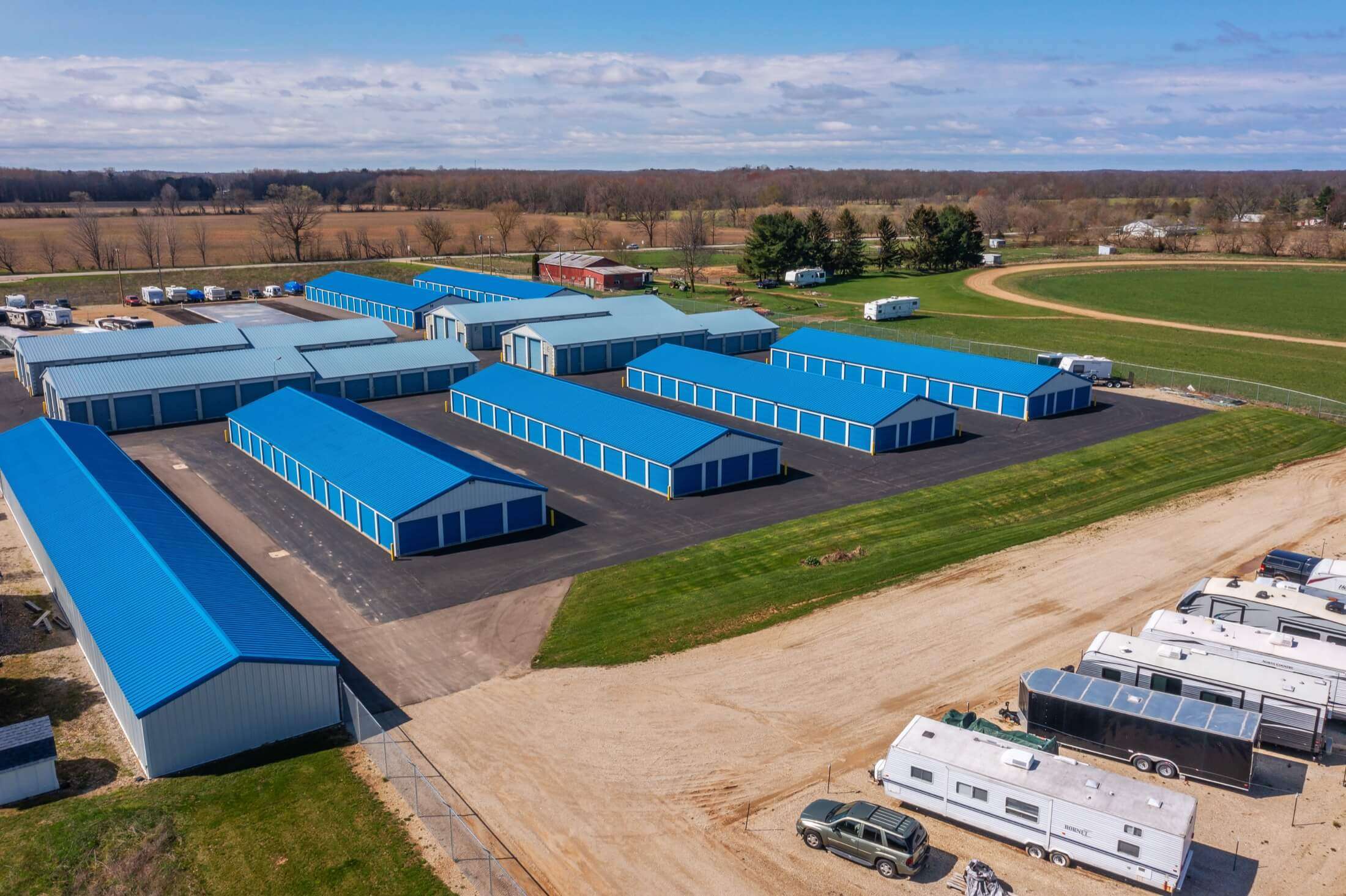 drone photo of storage unit buildings