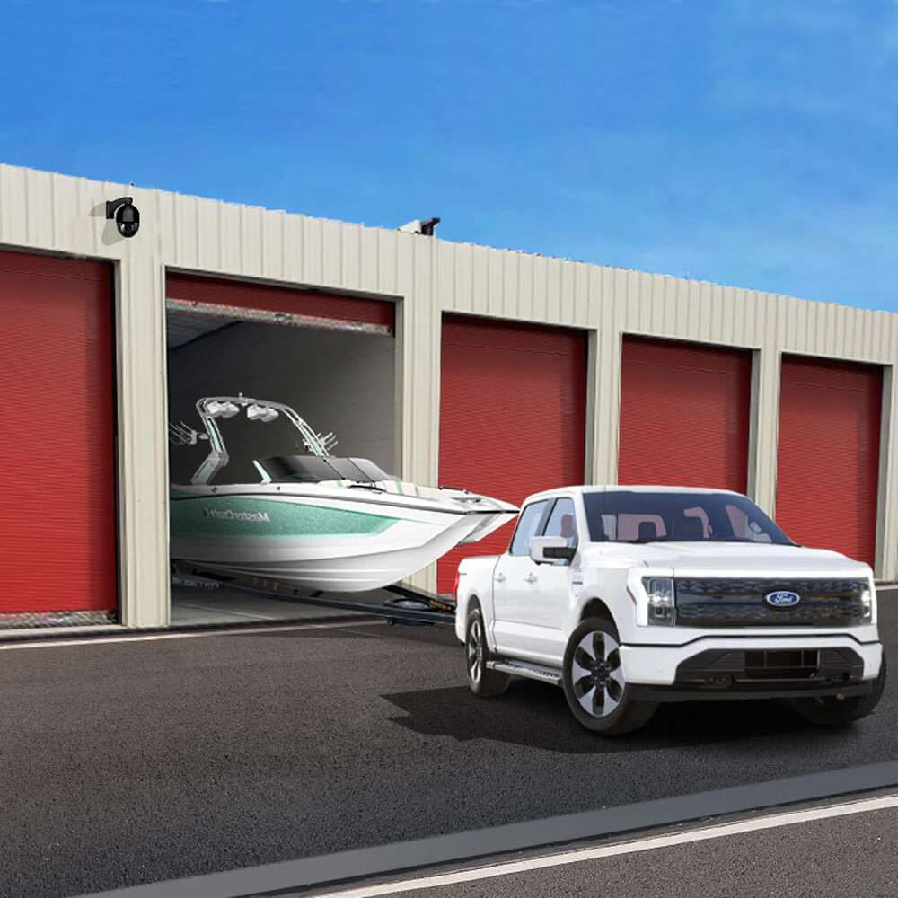 render of boat storage with a truck pulling the trailer