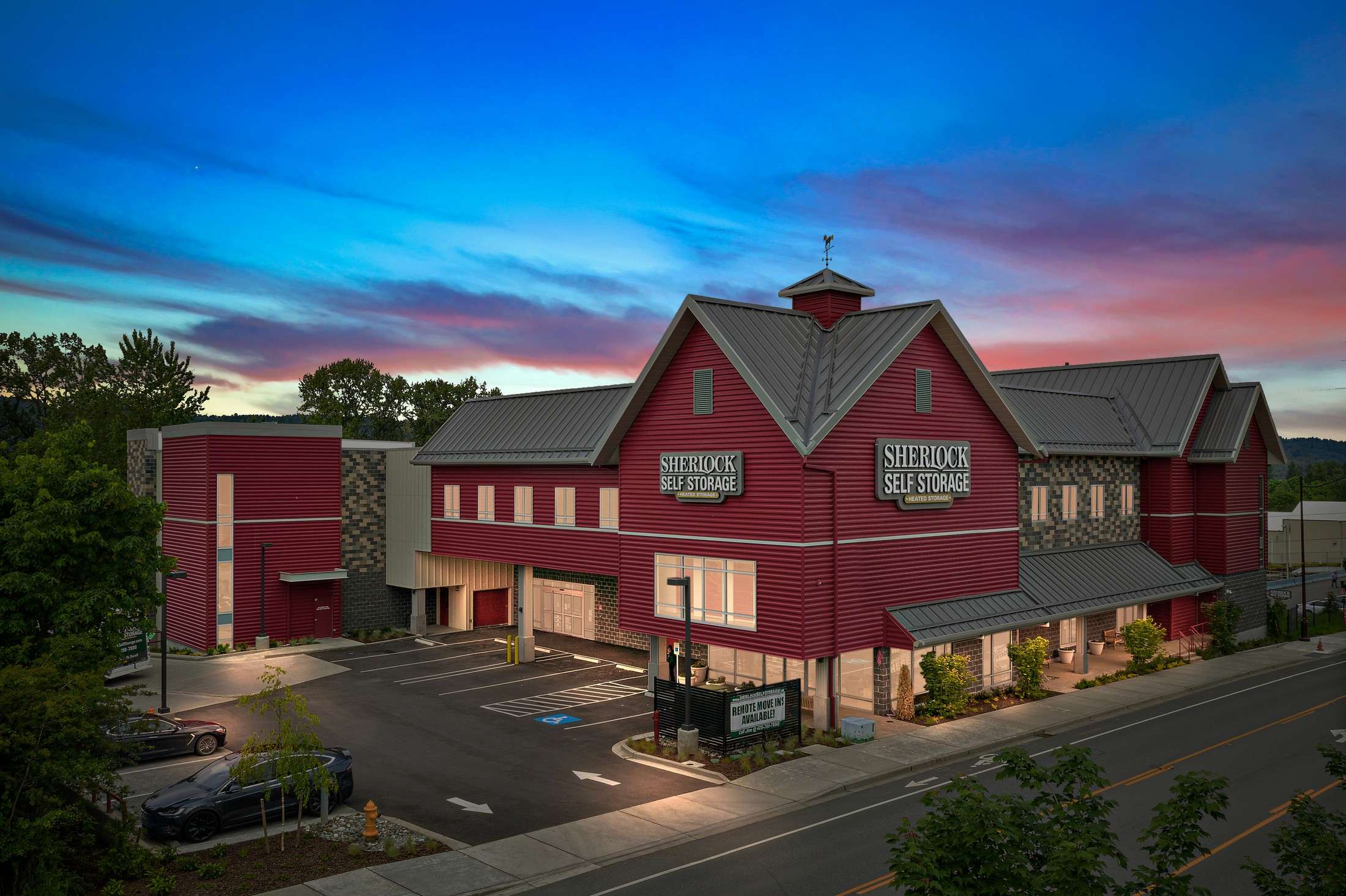 Storage facility exterior at dusk