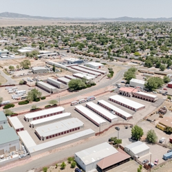 Aerial view of storage facility and surrounding area