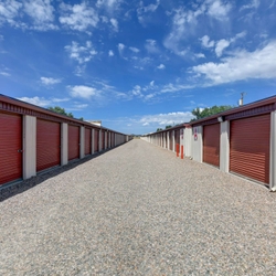 Isle view of drive up self storage units