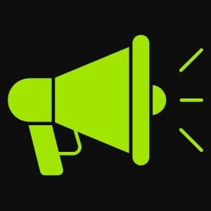 Bright green megaphone icon with sound lines on a black background, representing announcements or alerts.