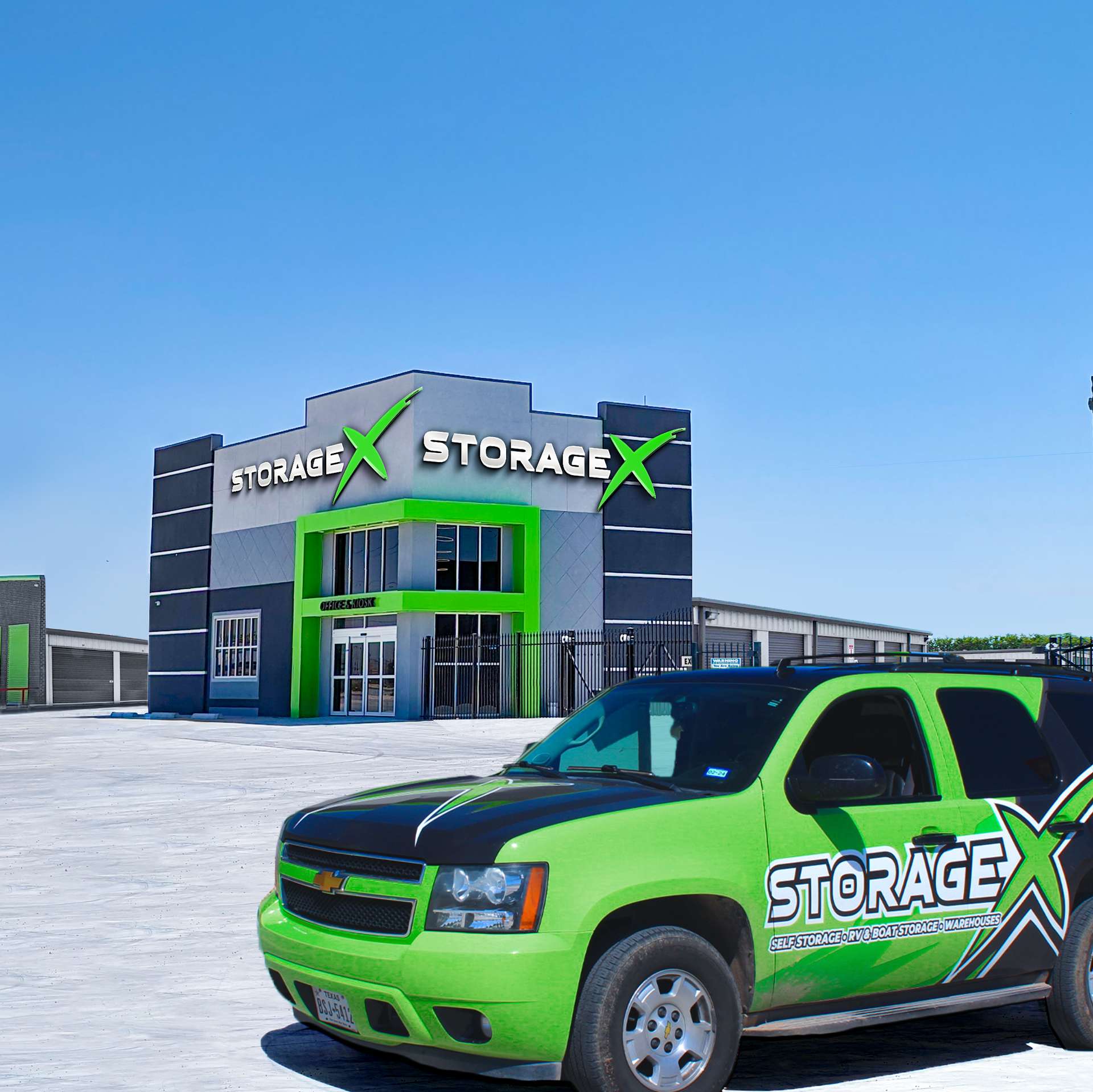 Storage X truck parked in front of newly constructed self storage facility in San Angelo Texas