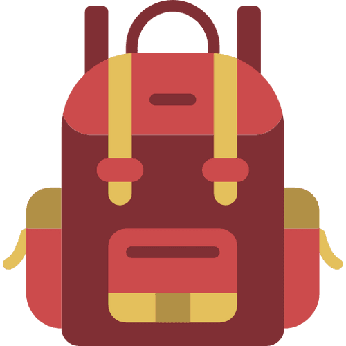 A large red and yellow backpack with multiple compartments and straps.